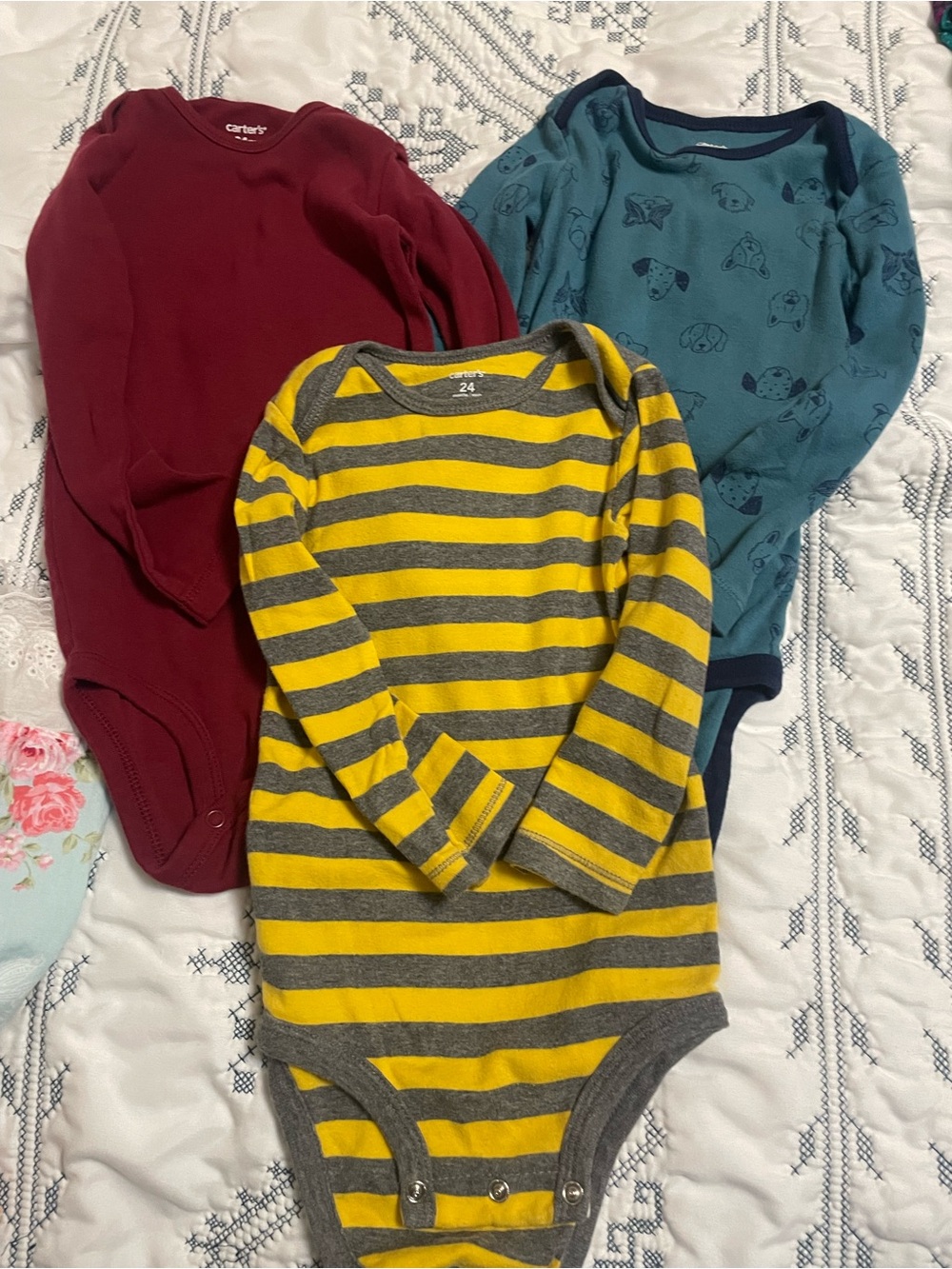 Lot of 3 Carter's Long-Sleeve Bodysuits - Burgundy, Teal, Yellow/Gray Stripe